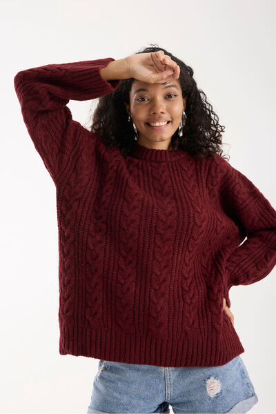 İLKCET MODA سترة طويلة نسائية محبوكة من سيلانيك باللون الأحمر الداكن مقاس كبير