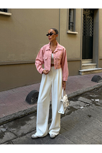 Fav Style Women's Double Pocket Crop Denim Jacket Pink