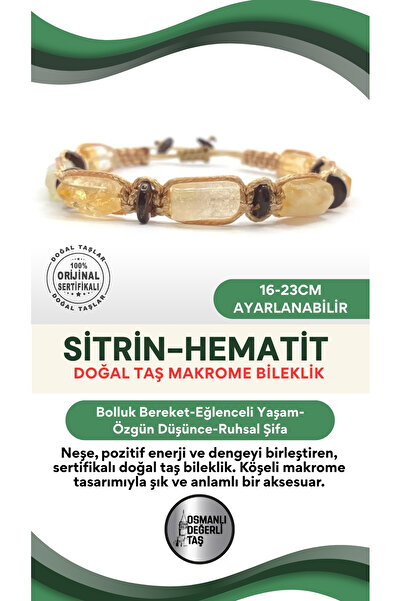 OSMANLI DEĞERLİ TAŞ Certified Genuine Original Citrine - Hematite Natural Stone String Bracelet (Cornered Macrame Model)