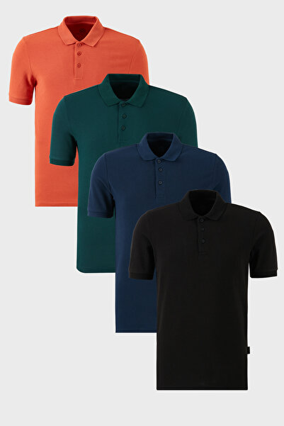 Buratti Pamuklu Regular Fit Düğmeli Polo Yaka 4'lü Paket T Shirt Erkek T SHİR...