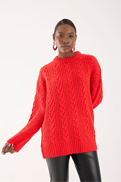 İLKCET MODA Thessaloniki Knitted Red Oversize Knitwear Women's Long Sweater