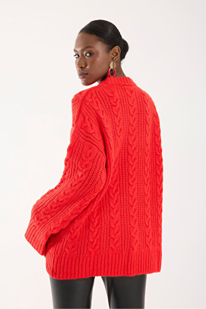 İLKCET MODA Thessaloniki Knitted Red Oversize Knitwear Women's Long Sweater