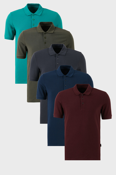 Buratti Pamuklu Regular Fit Düğmeli Polo Yaka 5'li Paket T Shirt Erkek T SHİR...