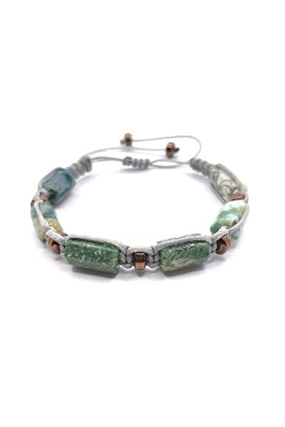 OSMANLI DEĞERLİ TAŞ Certified Genuine Mossy Agate - Hematite Natural Stone String Bracelet (Cornered Macrame Model)