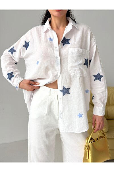 POP STORY Γυναικείο πουκάμισο Star Embroidered Linen Blended