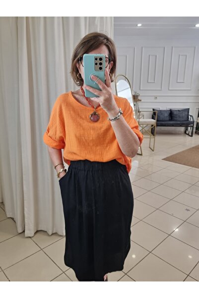 pudubutik بلوزة موسلين إيطالية كبيرة الحجم باللون البرتقالي