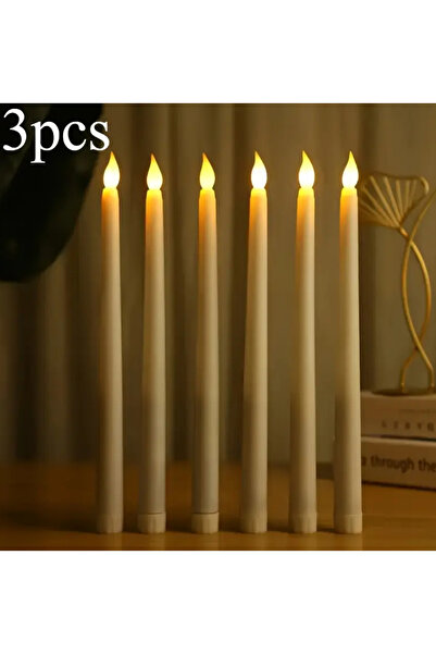 bliss store Pilli Mum, 3’ lü Alev Efekli Mum, Şamdan Mumu, Led Mum ( 28Cm)