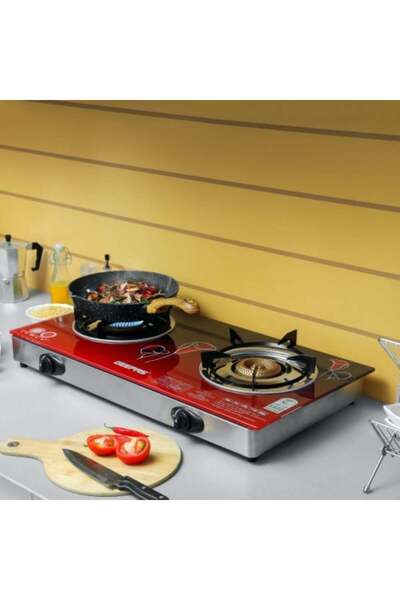 Geepas Double Burner Gas Stove - Red Glass Top