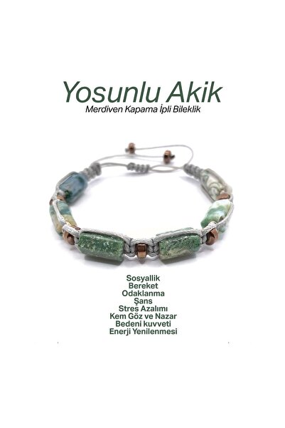 OSMANLI DEĞERLİ TAŞ Certified Genuine Mossy Agate - Hematite Natural Stone String Bracelet (Cornered Macrame Model)