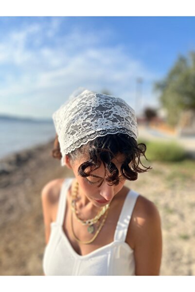 VENÜS MODA by Pınar Cream Lace Bandana Scarf Lace Scarf 70 cm Wide