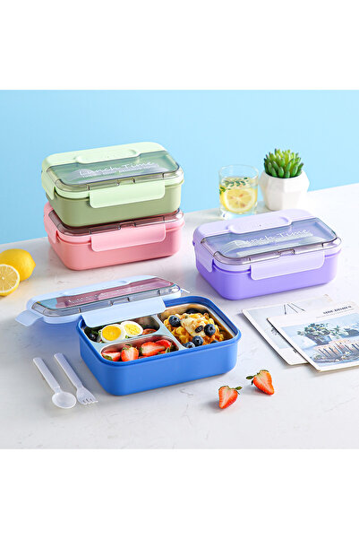 SUMAKA Lunch Box 1450ml 3 Compartments Student Sealed Adult With Spoon And Fork Leak Proof Microwavable