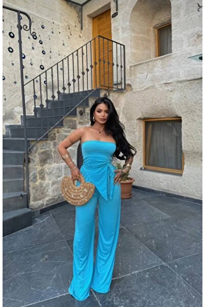 leilas Indigókék női blúz és nadrág szett - pánt nélkül és húzózsinórral