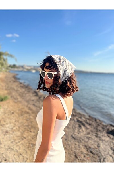 VENÜS MODA by Pınar Cream Lace Bandana Scarf Lace Scarf 70 cm Wide