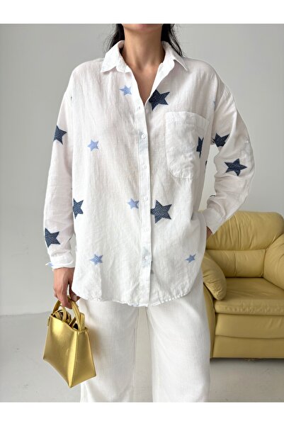 POP STORY Cămașă de damă din amestec de in brodat cu stea