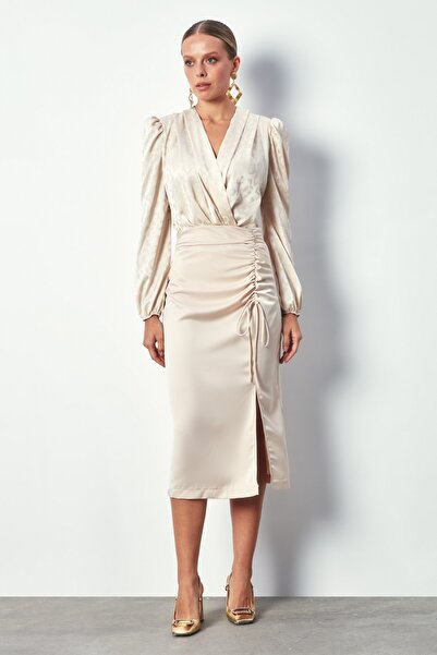 Sateen Satin Skirt with Shirring Detail - Beige