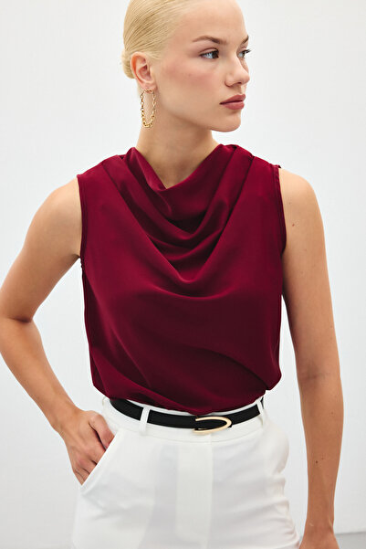 Sateen Degaje Yaka Kolsuz Bluz - Bordo