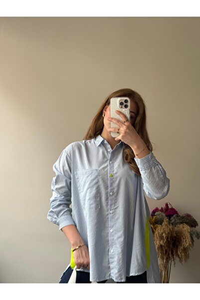 POP STORY Women's Blue Neon Striped Oversize Shirt