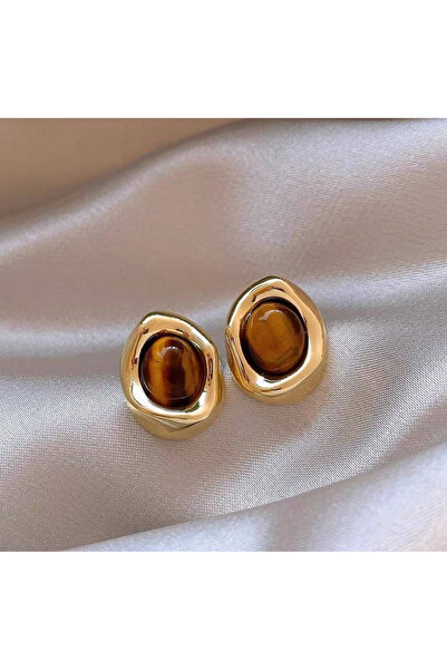 Genel Markalar Altın Kaplama Kaplan Gözü Taşlı Minimalist Tasarım Vintage Kadın Küpe