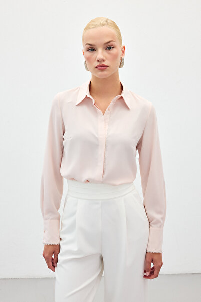 Sateen Boncuk Aksesuarlı Gömlek - Pudra