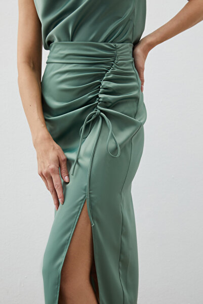 Sateen Спідниця з підкосом, детально оздоблена атласом - HAKİ