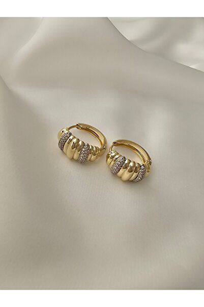 Zivazer Store Kadın çelik kararmaz bombeli gold renginde taşlı küpe