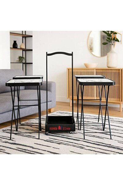 Al Saada Home Tea Tables Set - 4 Tables + Holder with Wheels