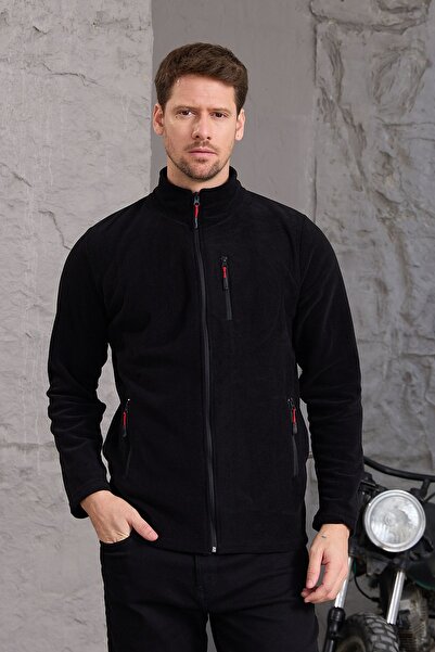 COMBİNE MİCHAİL Erkek Kışlık Kalın Tam Fermuar Pamuklu Kumaş Polar Ceket SİYAH