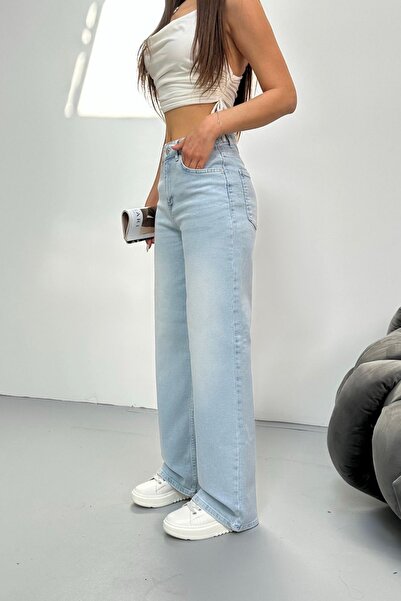 BİKELİFE Women's High Waist Stretchy Palazzo Jeans with Faded Effect