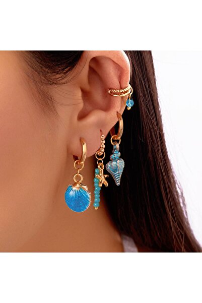 Goche Kadın Deniz Kabuğu ve Yıldız Bohem Deniz Temalı Kombin Küpe Seti - Plaj Stili Charm Küpe Seti