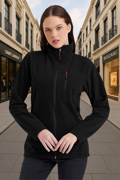 COMBİNE MİCHAİL Fleece negru pentru femei - fermoar complet, jachetă sport în aer liber cu 3 buzunare