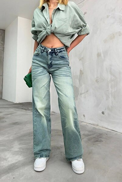 BİKELİFE Damen Palazzo-Jeans mit hoher Taille, dehnbar, verblasster Effekt