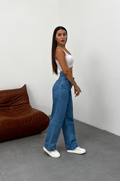 BİKELİFE Kadın Koyu Mavi Soluk Efekt Likralı Yüksek Bel Geniş Paça Bol,Salaş Palazzo Jeans