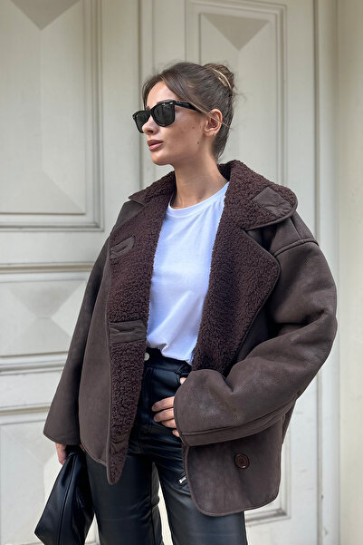 NET OF NOT Else Acı Kahve Dokulu Süet Içi Peluşlu Oversize Zr Model Mont