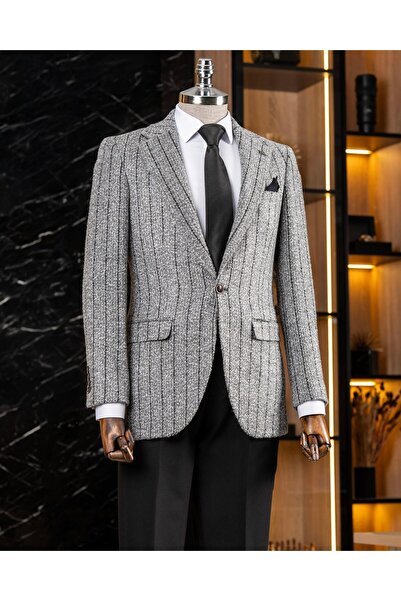 TerziAdemAltun Ανδρικό μονό μπουφάν σε ιταλικό στυλ slim fit μονό γιακά γκρι T13593