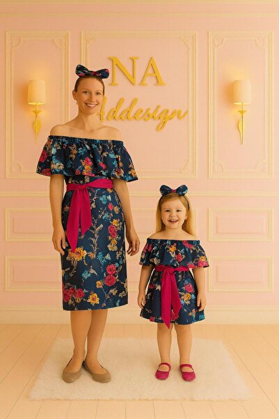 NA ADDESIGN Anne kız çiçekli elbise, Anne Kiz Madonna yaka elbise(sepete ayrı eklenmelidir fiyatları ayrıdır)