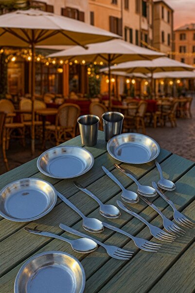 Metler Paslanmaz Çelik Kamp Piknik Seti 6 Kişilik| Tabak,Çatal,Kaşık,Bardak S...