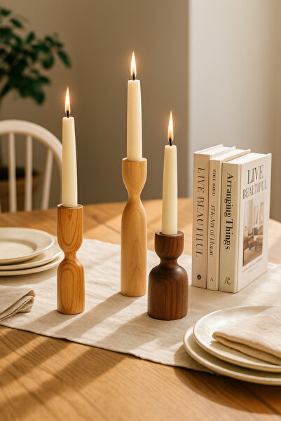 mebaconcept Doğal Ahşap Şamdan Seti 3'lü - 11cm, 14cm, 18cm Dekoratif Mumluk ...