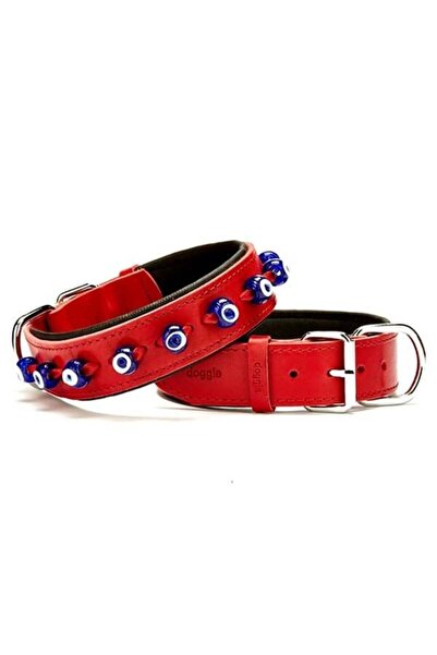 Doggie Comfort Deri Nazar Boncuklu Köpek Boyun Tasması Small Kırmızı 4x47-55 Cm