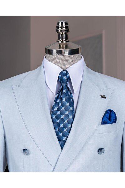 TerziAdemAltun Italian Style Double-Breasted Jacket Pants Suit Blue T14094