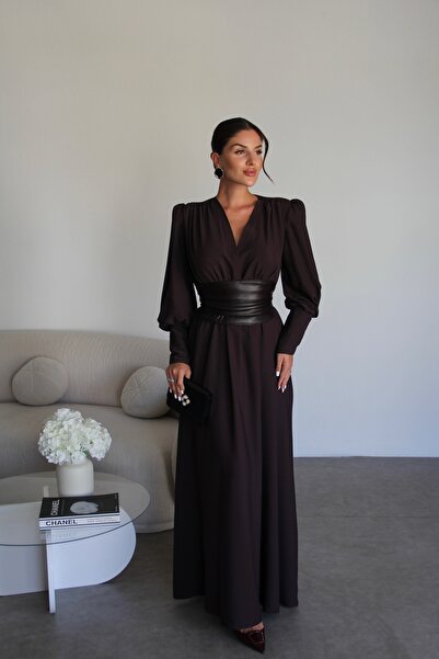 Julidress Καφέ δερμάτινο φόρεμα με κορσέ, με πάτσο στη μέση, μακρύ μάξι φόρεμα με επένδυση, premium σχέδιο