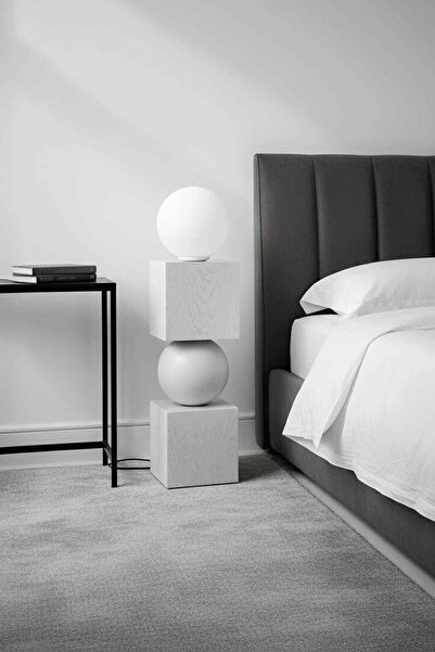 DEQQU Sphere Masif Ahşap & Küre Lambader - 80cm (Beyaz/Siyah Mat)