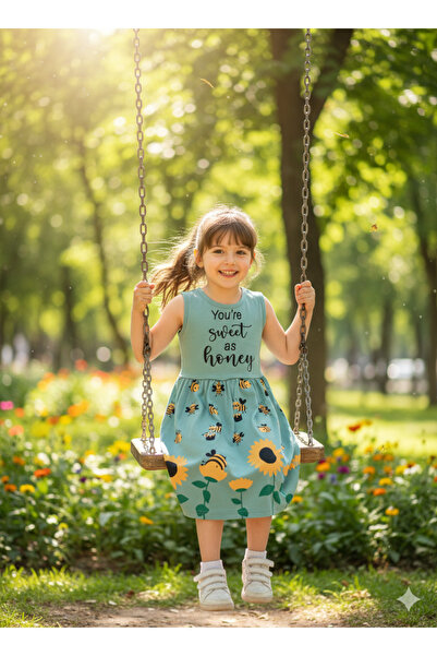 Akkuzu Kids Κοριτσίστικο φόρεμα από χτενισμένο βαμβάκι με σχέδιο μέλισσας με επιλογές χρώματος μαύρο και μπλε