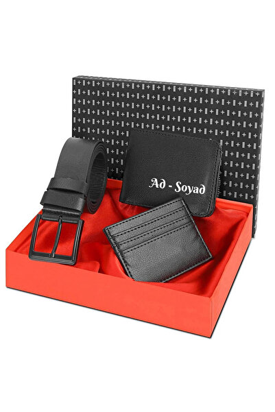 GulShop İsim Yazan Erkek Siyah Kemer Cüzdan Hediye Seti, İsimli Cüzdan