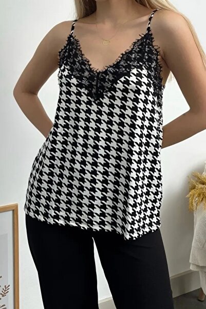 Balenbi 1070 Black Houndstooth Lace Detailed Strap Sandy Women's Blouse