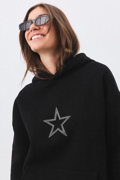 Trendiz Unisex Star Stroke Taş Baskılı Sweatshirt Siyah