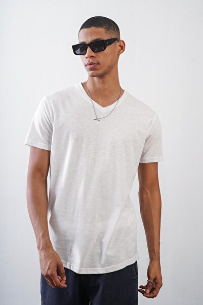 Balenbi Λευκό μπλουζάκι Unisex με λαιμόκοψη V με κανονική κοπή