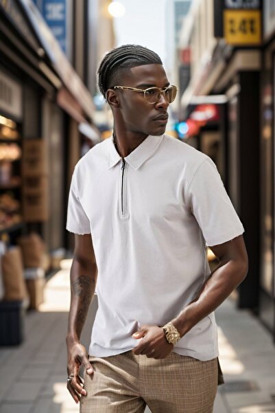 Balenbi Ανδρικό μπλουζάκι με γκρι γιακά Polo με φερμουάρ - Regular Fit