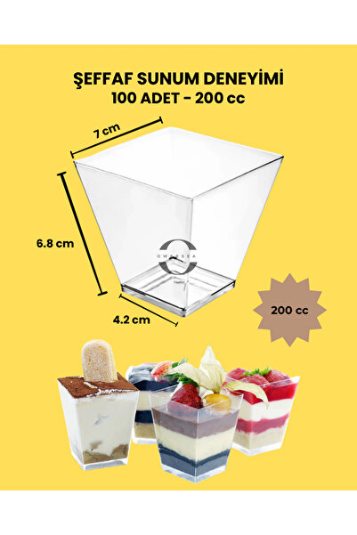 Owersea 200cc100Adet Kübik Prizma Mika Plastik Kase Şeffaf Kapaksız Sunum Kab...