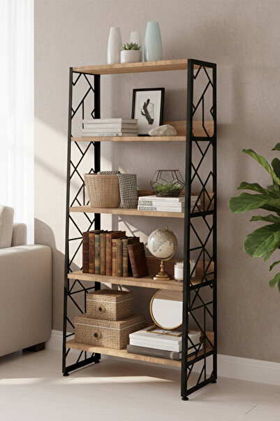 Minart KAVRA Sağlam Modern Metal Ahşap Kitaplık, 150 cm, 5 Raflı Dekoratif Ki...
