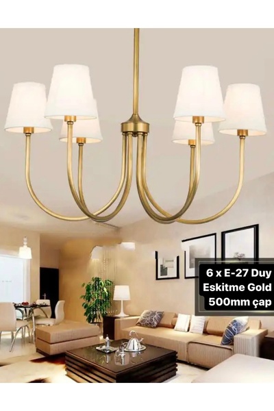 Fico Home Modern Avize Eskitme Gold 6 lı Krem Abajur Tasarım Avize